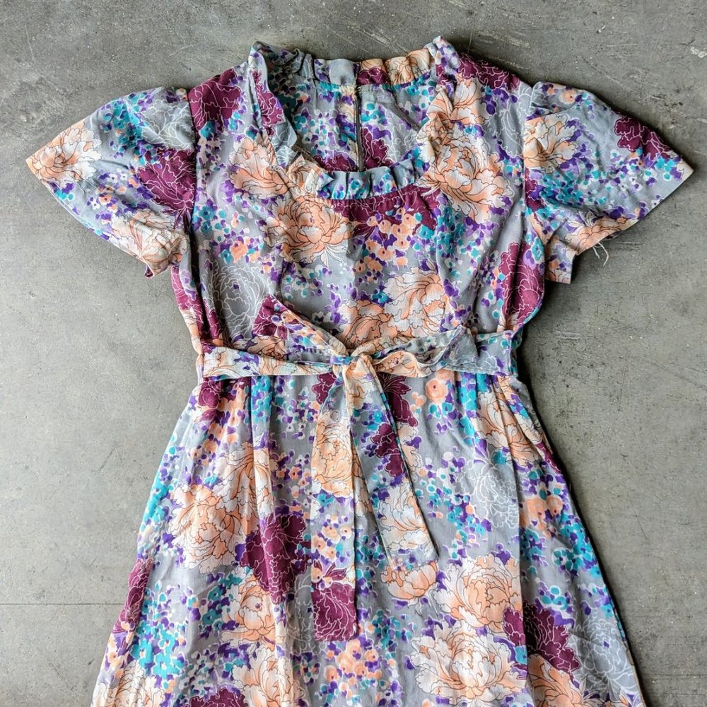 Vintage Floral Blue Purple Orange Short Sleeve Empire Waist Maxi Dress - Picture 3 of 14